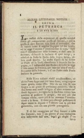 Alcune Letterarie Notizie Sopra Il Petrarca E Le Sve Rime