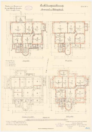 Kaserne für das Luftschiffer-Bataillon, Berlin-Jungfernheide: Kommandeur Wohngebäude: Grundriss Fundamente, Kellergeschoss, Erdgeschoss, Obergeschoss 1:100