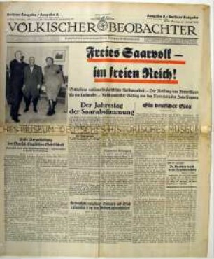 Fragment der Tageszeitung "Völkischer Beobachter" u.a. zum Jahrestag der Saar-Abstimmung