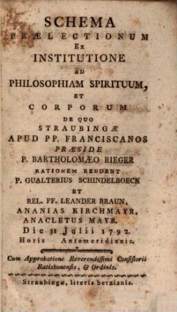 Schema praelectionum ex institutione ad philosophiam spirituum et corporum