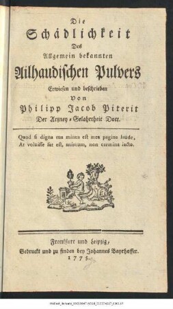 Die Schädlichkeit Des Allgemein bekannten Ailhaudischen Pulvers