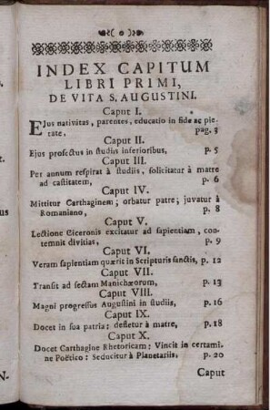 Index Capitum Libri Primi, De Vita S. Augustini.
