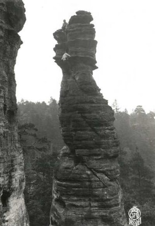 Sächsische Schweiz, Bielatal. Schraubenkopf. Seilschaft Karl Ullrich am Westweg (Wendeltreppe, VIIb)