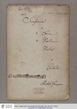 Graupner, Christoph: Sinfonia / a / 2 Corn / 2 Violin / Viola / e / Cembalo. / [Incipit] / Christoph Graupner.