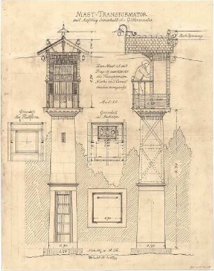 Thiersch, August ; Transformationsstationen, Masttransformatoren, Entwürfe - Grundrisse, Ansicht, Schnitt