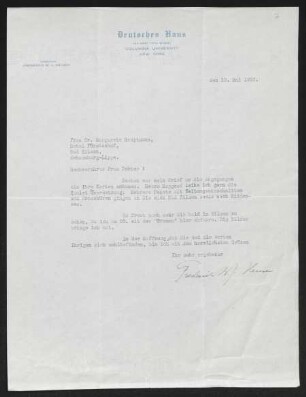 Brief von Frederick W. J. Heuser von Columbia University / Deutsches Haus  an Margarete Hauptmann