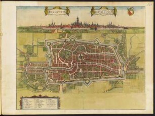 Stadtplan von Utrecht, Niederlande, 1:5 500, kolorierter Kupferstich, um 1657 : Traiectum = Wtrecht . [Ca. 1:5.500] / [Amsterdam] : [Ioannes Ianssonius], [1657]. - 1 Vogelschaukarte : 1 Kupferst. ; 49,7 x 29,8 cm. - Mit 1 Wappen oben rechts - Titel oben - Mit 1 Ansicht d. Stadt. - Bildgr. 49,7 x 10,2 cm. - Mit Gebäudeverz. - Vermutl. aus: Theatrum Urbium Celebriorum totius Belgii Sive Germaniae Inferioris [Theatrum / 4] / Jansson, Jan. - Amstelodami//Amsterdam : Ioannes Ianssonius, 1657