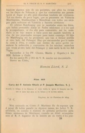 Núm. 162. Carta del P. Antonio Obach al P. Joaquín Martinez, S. J.