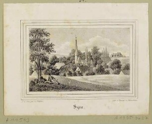 Ortsansicht von Syhra (Geithain-Syhra) südöstlich von Borna mit der Kirche, aus Sachsens Kirchen-Galerie von Hermann Schmidt, Bd. 6, 1841