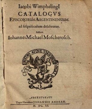Iacobi Wimphelingii Catalogus Episcoporum Argentinensium : ad sesquiseculum desideratus