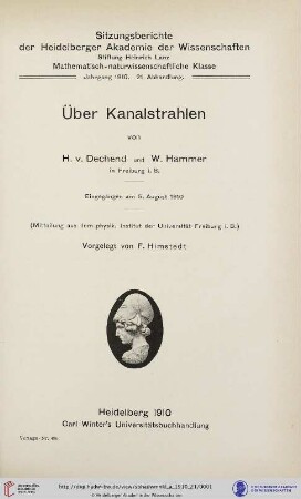 1910, 21. Abhandlung: Sitzungsberichte der Heidelberger Akademie der Wissenschaften, Mathematisch-Naturwissenschaftliche Klasse: Über Kanalstrahlen