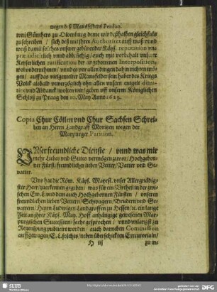 Copia Chur Cöllen und Chur Sachsen Schreiben an Herrn Landgraff Moritzen wegen der Marpurger Parition