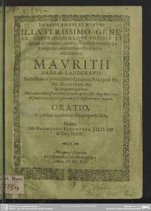 Supremo amoris ... Mauritii, Hassiae Landgravio, oratio