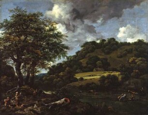Hügelige Landschaft mit hohen Eichen