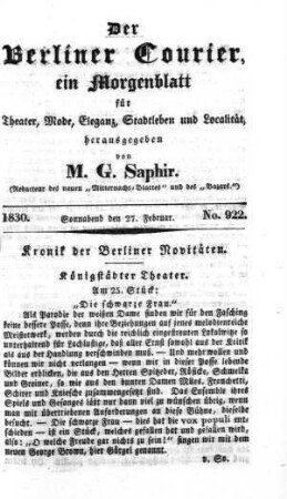 No. 922, Sonnabend den 27. Februar 1830