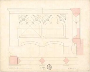 Thiersch, August ; Studienarbeiten - Baukörper mit Dreipass - Ornament (Grundriss, Ansicht, Schnitt)