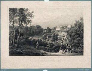 Ansicht des Gasthauses Talmühle in Hintergersdorf bei Tharandt, im Vordergrund Spaziergänger