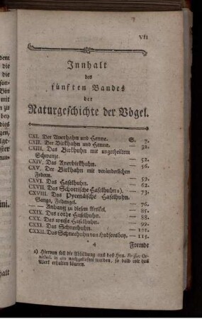 Innhalt des fünften Bandes der Naturgeschichte der Vögel.