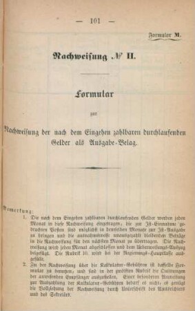 Formular M. Nachweisung No. II. Formular zur Nachweisung der nach dem Eingehen zahlbaren durchlaufenden Gelder als Ausgabe-Belag