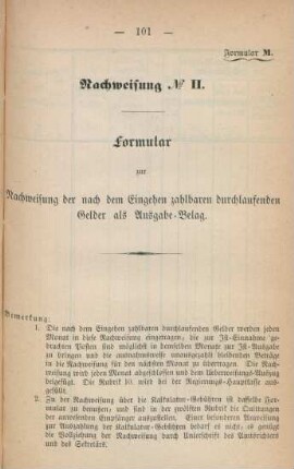 Formular M. Nachweisung No. II. Formular zur Nachweisung der nach dem Eingehen zahlbaren durchlaufenden Gelder als Ausgabe-Belag