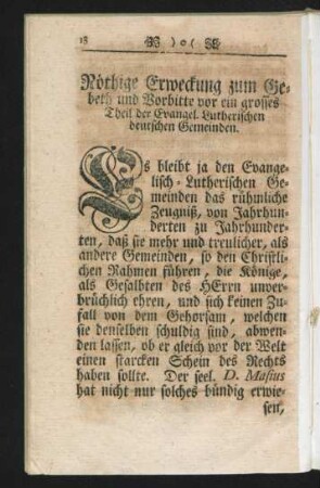 Nöthige Erweckung zum Gebeth und Vorbitte vor ein grosses Theil der Evangel. Lutherischen deutschen Gemeinden