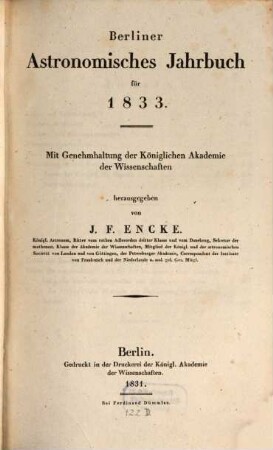 Berliner astronomisches Jahrbuch. 1833, 1833 = Bd. 58 (1831)