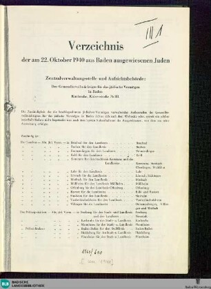 Verzeichnis der am 22. Oktober 1940 aus Baden ausgewiesenen Juden