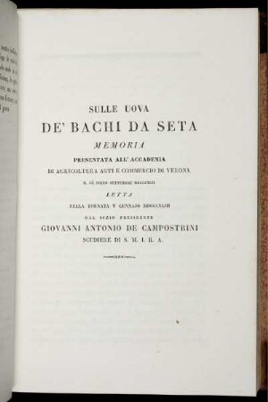 SULLE UOVA DE' BACHI DA SETA MEMORIA