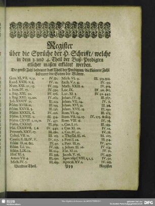 Register über die Sprüche der H. Schrifft, welche in dem 3. und 4. Theil der Buß-Predigten etlicher maßen erkläret werden