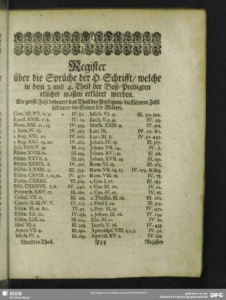 Register über die Sprüche der H. Schrifft, welche in dem 3. und 4. Theil der Buß-Predigten etlicher maßen erkläret werden