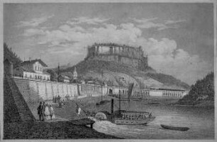 Arldt, Carl Wilhelm. "Eisenbahn bei Königstein". Lithographie um 1850, Bildgröße (!) 10,8 cm X 16,8 cm. Festung Königstein Nr.42/85