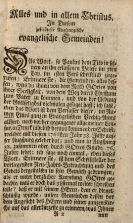 Ein Erinnerungs-Wort, Oder Summarische Wiederholung aller Neu-Jahrs Erweckungen, Welche in 37. Jahren vom Jahre 1724. bis 1760. an die hiesige Evangelische Gemeinde geschehen : Nebst dem Gebeth, So in allen ihren Kirchen am Neuen-Jahrs-Tage 1761. zu Gott in seines Sohnes Namen, durch den heil. Geist zu sprechen