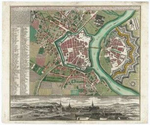 Dresda ad Albim, ... Dresden an der Elb, eine Haupt-Stadt des Oberrn Sachsen, 1:6 000, Kupferstich, 1760 : Dresda ad Albim, Saxoniae superioris metropolis, ac magnifica ducis electoris et regis Poloniae sedes : Cum Gratia et Privil. S. R. I. Vicariatus in part. Rheni, Sueviae et Iuris Franconici = Dresden an der Elb, eine Haupt-Stadt des Obern Sachsen u. höchst vortreffliche Residentz des dasigen Churfürsten u. Konigs in Pohlen / opera et sumptibus Matth. Seutteri. - [ca. 1: 6 000]. - Augspurg : Ioh. Michael Probst, [ab 1760]. - 1 Kt. : Kupferstich ; koloriert; Blattgr. 56 x 49 cm. - Mit Gebäude- und Straßenverz., Erl. zur Stadtgeschichte und und einer Ansicht. - Text lat. und dt. - NO oben