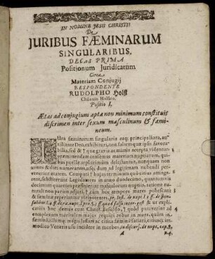 Decas Prima Positionum Juridicarum Circa Materiam Conjugii.