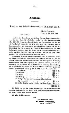 Schreiben des Colonial-Secretairs an Dr. Leichhardt