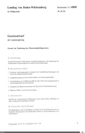 Gesetzentwurf Änderung Finanzausgleichsgesetz