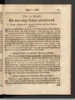 Das 15. Kapitel. Wie man junge Hühner zubereiten soll.