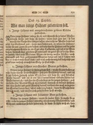 Das 15. Kapitel. Wie man junge Hühner zubereiten soll.
