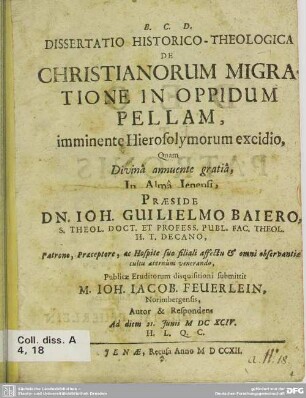 Dissertatio Historico-Theologica De Christianorum Migratione In Oppidum Pellam, imminente Hierosolymorum excidio