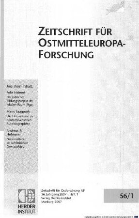 Zeitschrift für Ostmitteleuropa-Forschung : ZfO = Journal of East Central European studies, 56. 2007