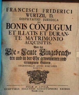 Disputatio inauguralis iuridica de bonis coniugum et illatis et durante matrimonio acquisitis