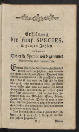 Erklärung der fünf Species, in ganzen Zahlen.