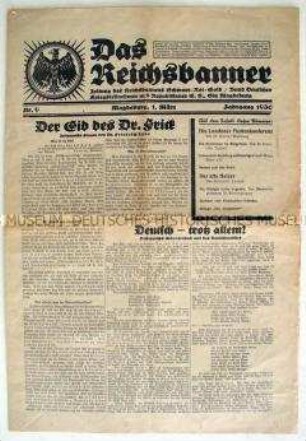 Wochenzeitung "Das Reichsbanner" u.a. zur Vereidigung des Nazis Frick als Minister in Thüringen