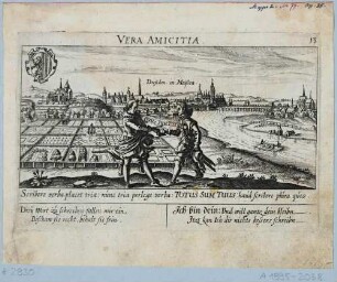 Stadtansicht von Dresden, Blick von Osten über Gärten der Pirnaischen Vorstadt auf Altstadt, Elbe und Neustadt