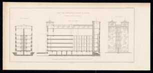 Gefängnis, Halle/Saale: Bl. 53: Gefangenenhaus: Querschnitt, Längsschnitt, Seitenansicht (aus: Bauausführungen des preußischen Staats, Bd. 2)
