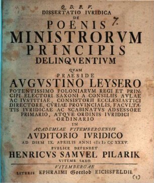 Dissertatio Ivridica De Poenis Ministrorvm Principis Delinqventivm