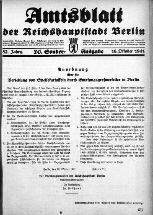 70. Sonderausgabe, 16. Oktober 1941