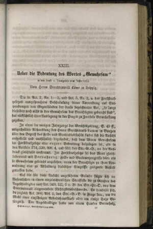 XXIII. Ueber die Bedeutung des Wortes "Gewahrsam" in den Forst- [et]c. Strafgesetze vom Jahre 1855