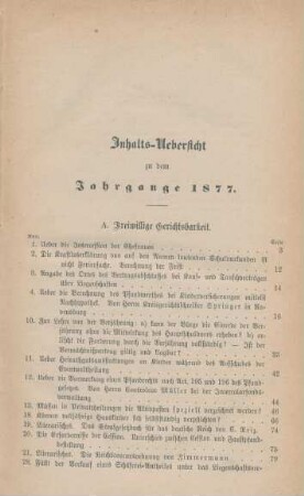 Inhalts-Uebersicht zu dem Jahrgange 1877