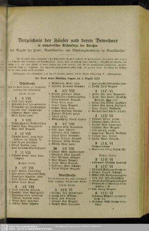 Häuserbuch : Verzeichniß der Häuser und derer Bewohner in alphabetischer Reihenfolge der Straßen